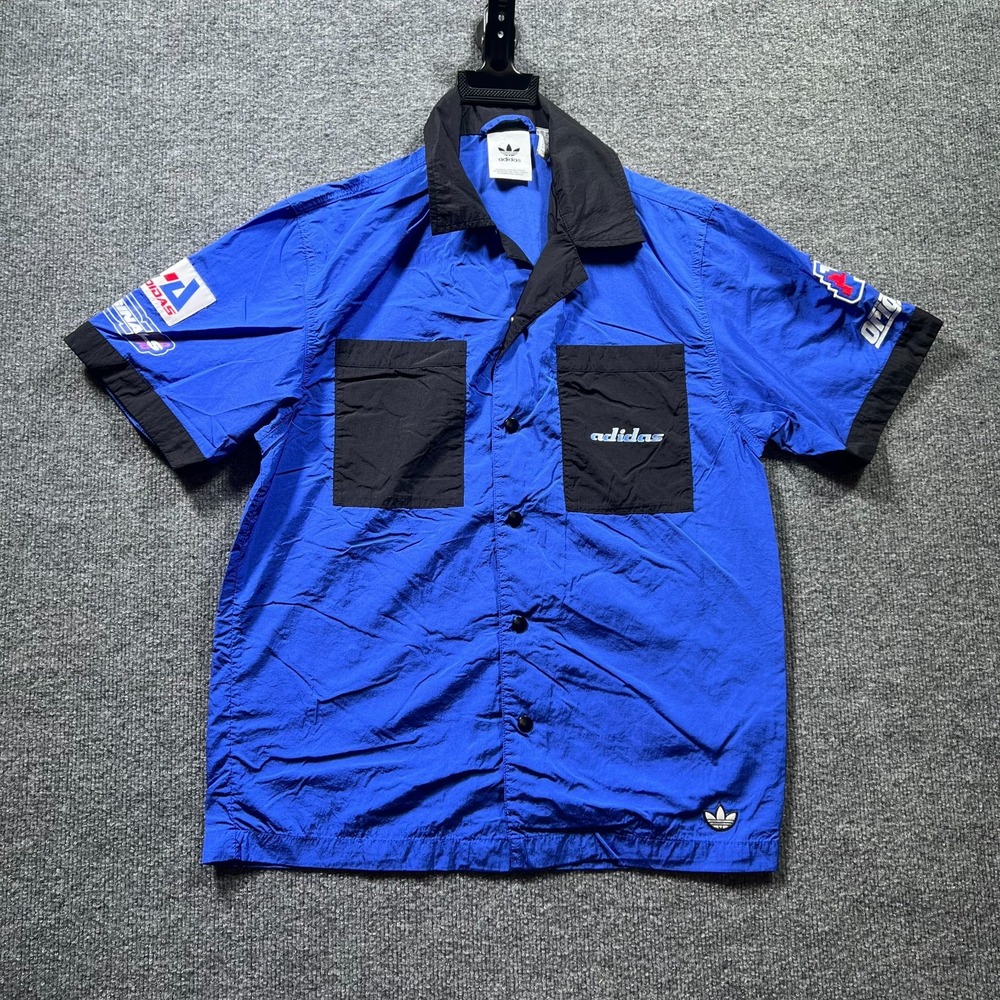 Adidas Originals TGP Shirt Mens XS Blue Black Button Front Short Sleeve Racing